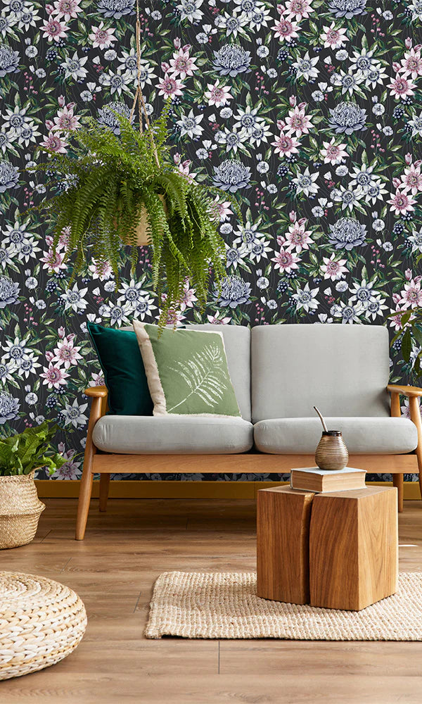 sofa with passiflora wallpaper