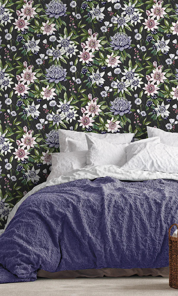 bedroom scene with black passiflora wallpaper